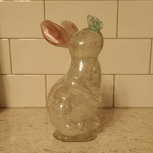 Pier 1 Glass Rabbit Figurine with Pink and Blue Accents With Gold Specks